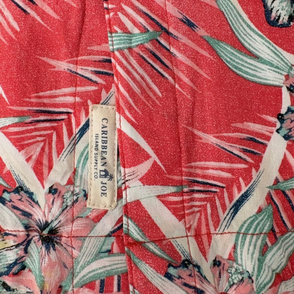 Caribbean Joe Mens Large Tropical Floral Rayon Button Down Shirt Coral Pink Blue - Picture 4 of 8